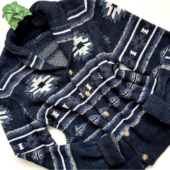Lucky Brand Legacy Shawl Collar Button Front Cardigan Blue Aztec Print Size M - Picture 2 of 12